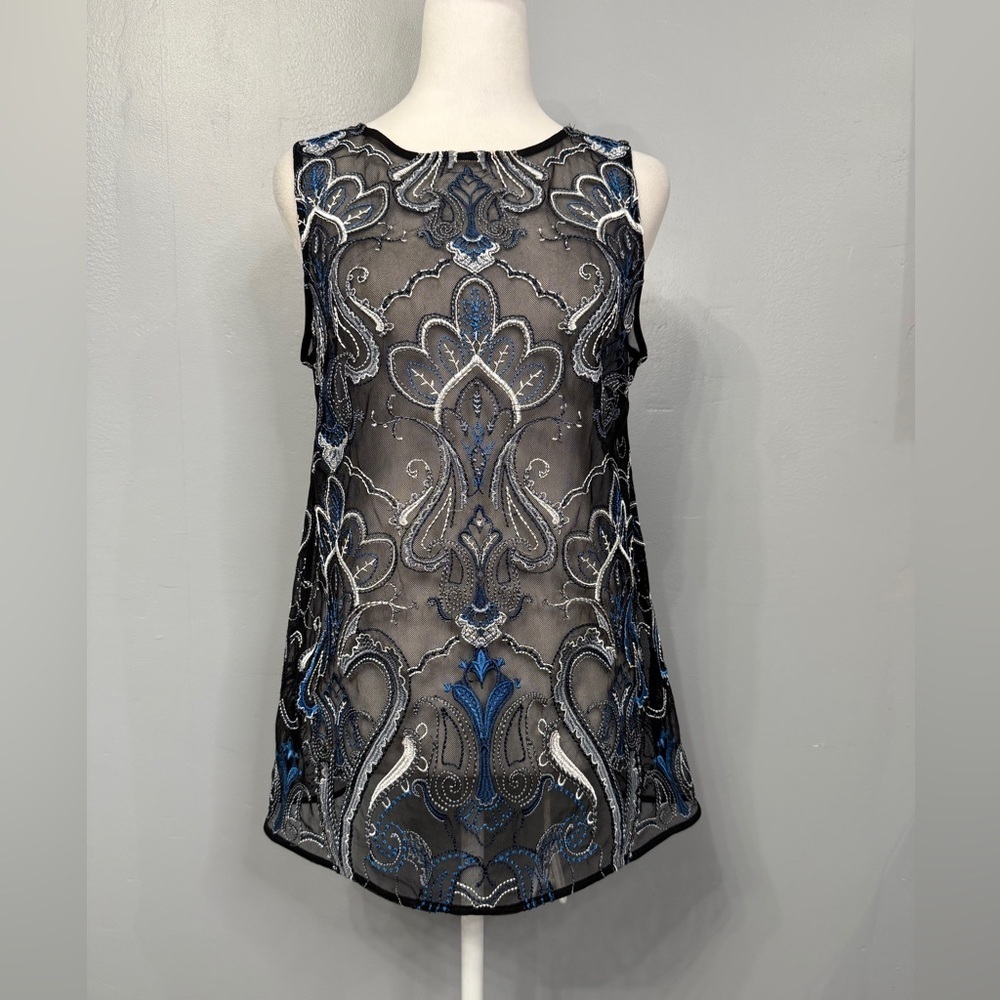 #12)   NWOT Chic Black and Blue Embroidered Women's sheer Blouse